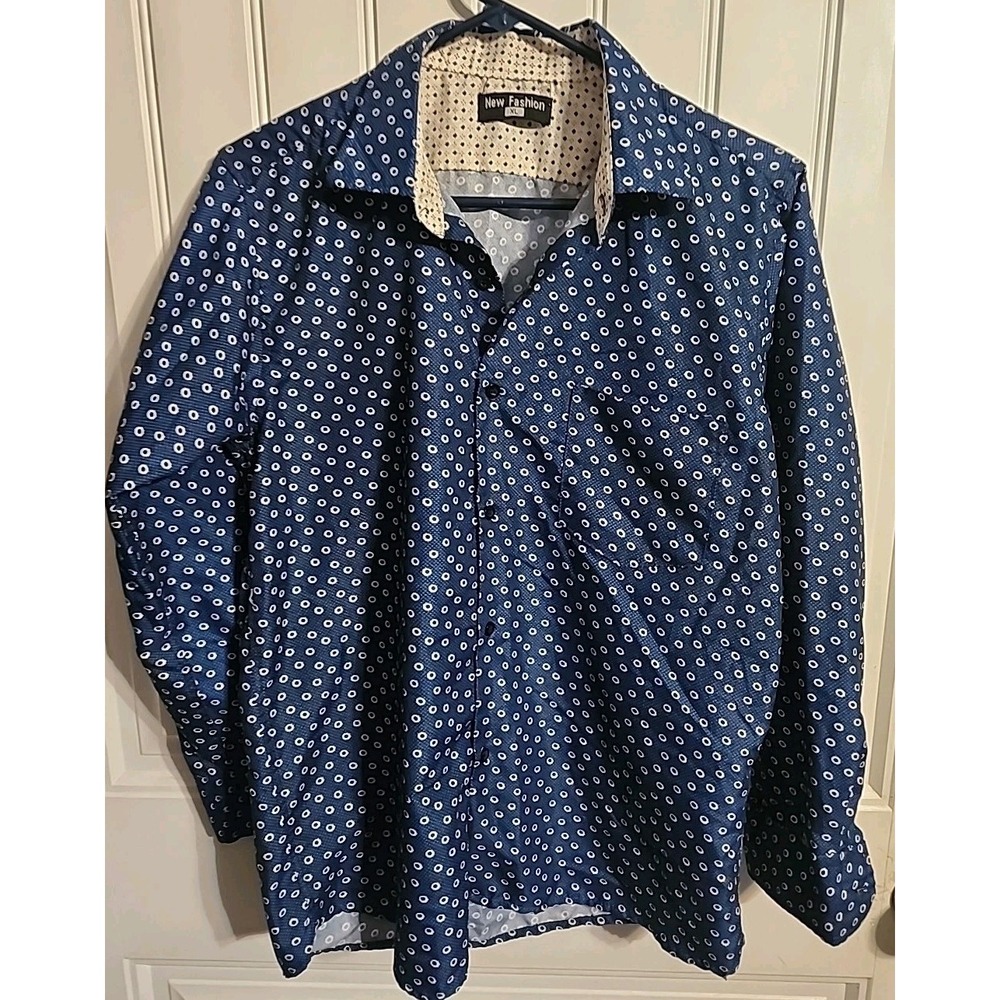 New Fashion Men's Button Up Long Sleeve Blue W/polk Dot Shirt XL See Measurement